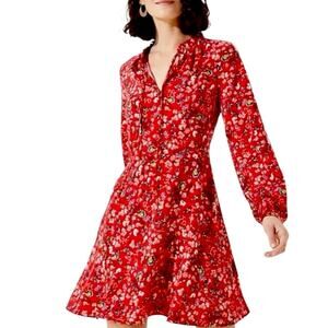 LOFT Plus Dress A-line Long Sleeve Ruffle Button Neck Red Floral Women’s Size 18